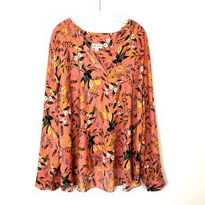 Ava & Viv Women's V-Neck Tunic Top Size 3X Salmon Orange Purple Artsy Floral